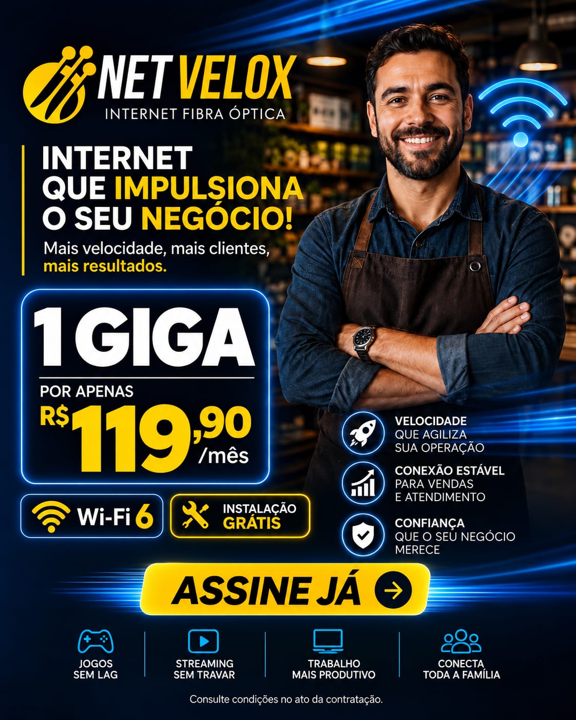 Plano Ultra 1 Giga Net Velox por R$ 119,90 mensais, com Wi-Fi 6